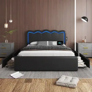 Modern Metal Platform Bed With 4 Large Capacity Drawers, Adjustable Headboard, RGB LED Lights, Easy Assembly
