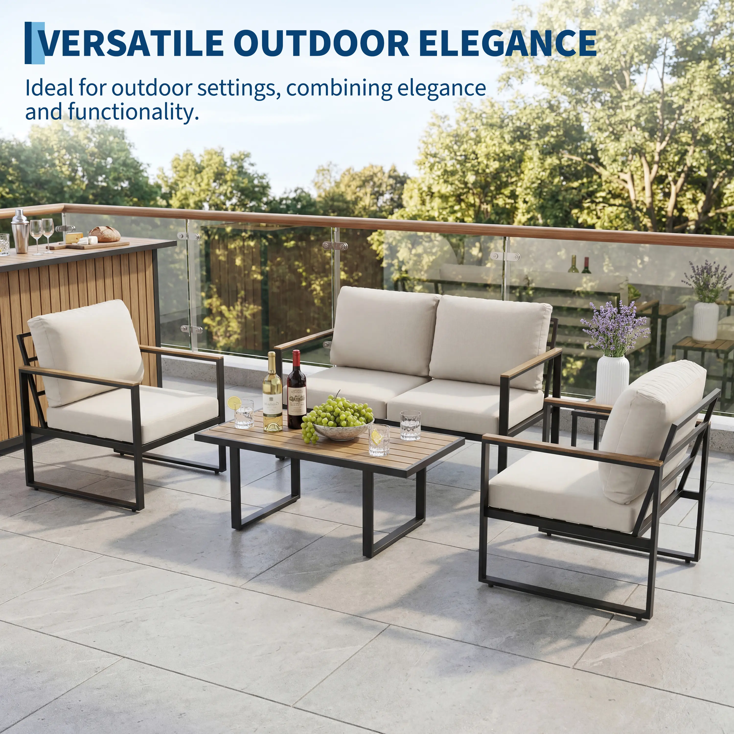 4-Piece Outdoor Patio Furniture Set, Modern Patio Sectional Sofa with All-Weather PE Rope Wicker, Weatherproof Material & Glass Table for Garden, Balcony, Patio Sectional Furniture Set