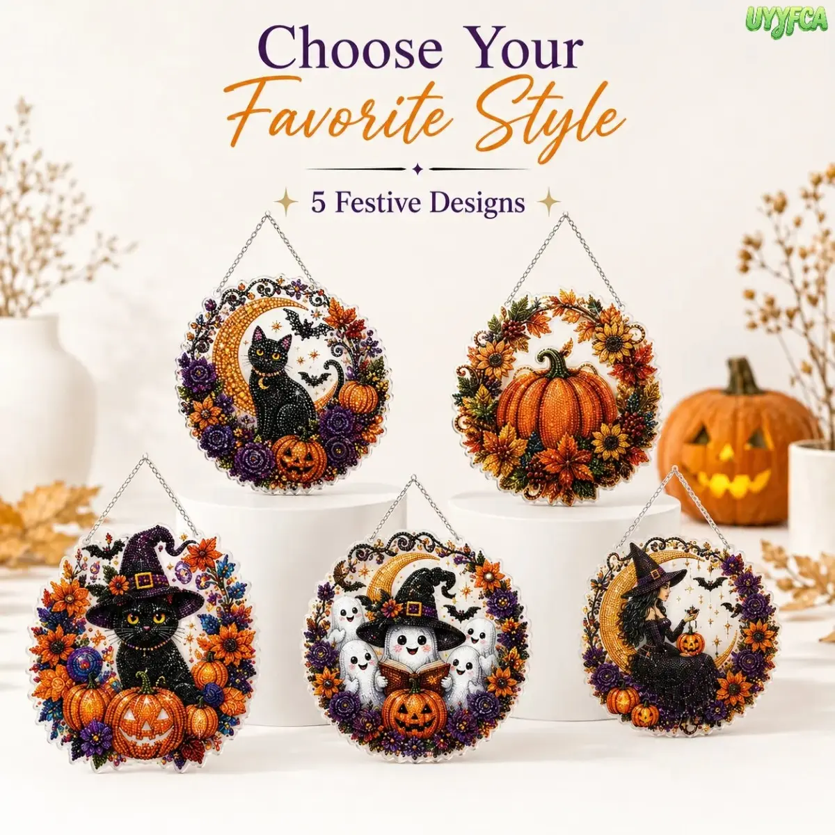 2026 New 9.84in Halloween Hangable Acrylic Base Diamond Painting Ornament Kit - Black Cat Moon, Skull & Pumpkin DIY Craft, Waterproof Suncatcher, Decoration for Adults, Spooky Window Wall Gift