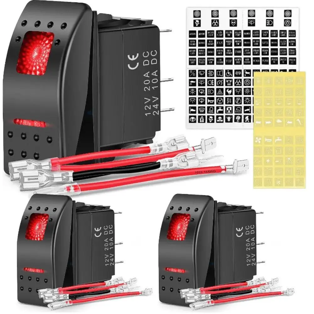 Nilight 3Pcs 5-Pin SPST On/Off Rocker Switch, Red, ABS+PC Construction, IP65 Water Resistant, Standard Fit for Vehicle Users
