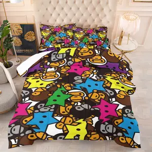 Cartoon Monkey Head & Multicolor Star Full Print Comforter Set, 1 Comforter + 1/2 Pillowcases, Retro Street Graffiti Style Bedding, Durable Material Soft Comfy Bed Set, Machine Washable, All Season Bedroom Decoration for Boys Teens Young Men, Bedding Sets