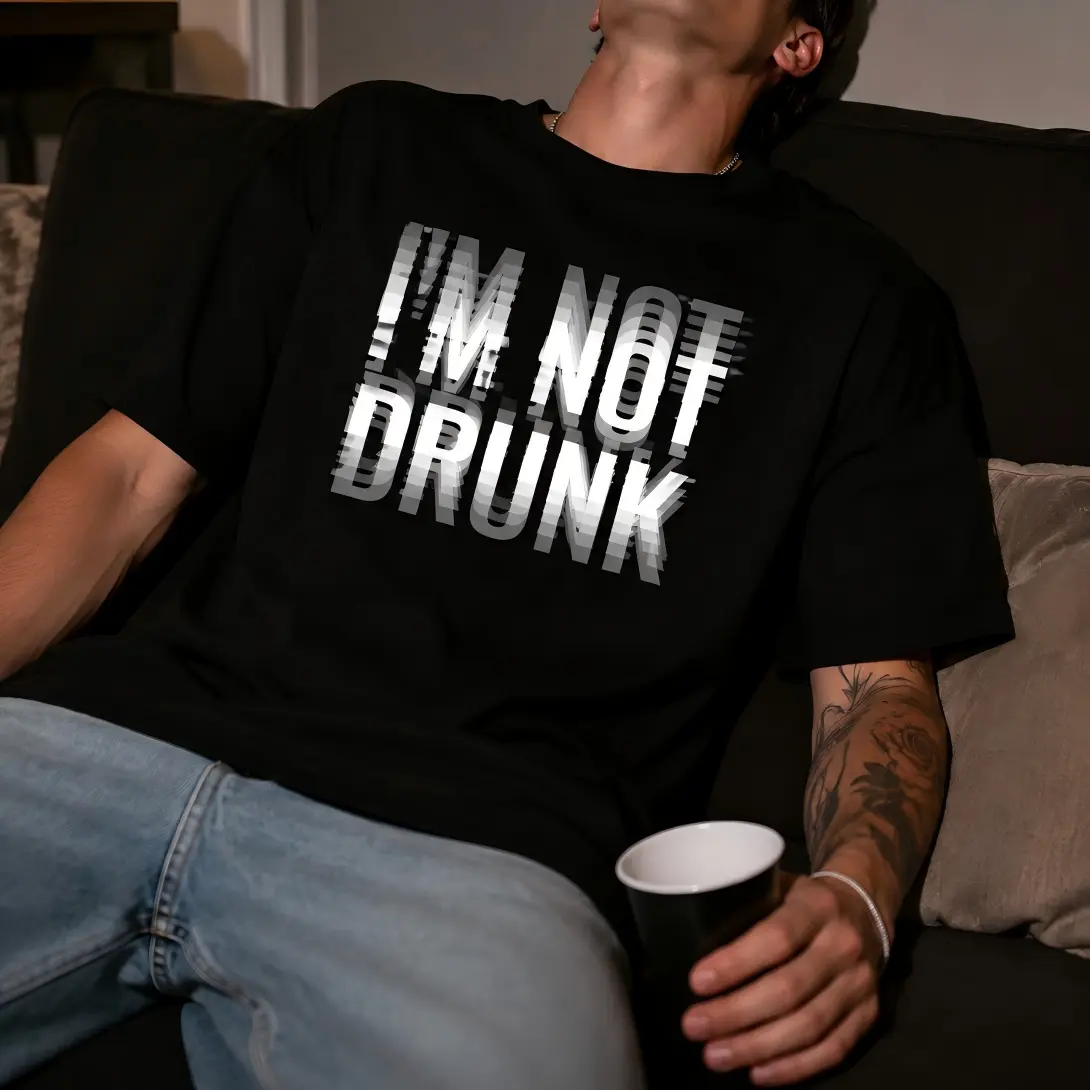 Men's Oversized Graphic T-Shirt, Breathable Fabric Round Neck Top with Glitch Text Print, Short-Sleeve Relaxed Fit Streetwear for Parties, Menswear, Shortsleeve, Clothes, Classic, Casual, Tshirt, All Seasons