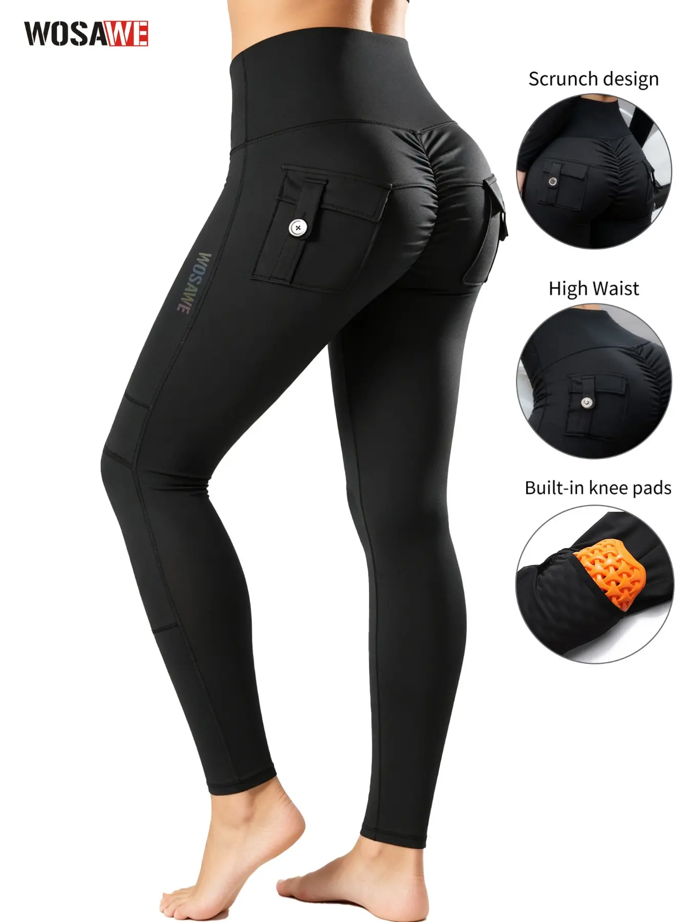 WOSAWE Women's Motorcycle Yoga Leggings, High Stretch Leggings, with Removable Knee Pads Butt Lifting Cargo Pants, Athletic Bottoms, Fitness Bottoms, High Elastic & Skin-friendly Yoga fabric, suitable for riding and daily use