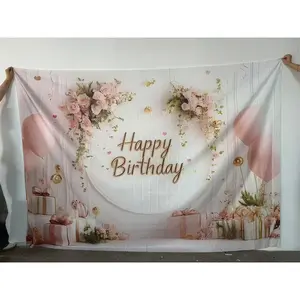 Rose Flower Happy Birthday Background Banner, Durable Polyester Background Banner, Photo Booth Props for Birthday Party, Theme Party, Indoor, Outdoor Decoration, Ornaments, Party Decorations Banners, Backdrop Banner