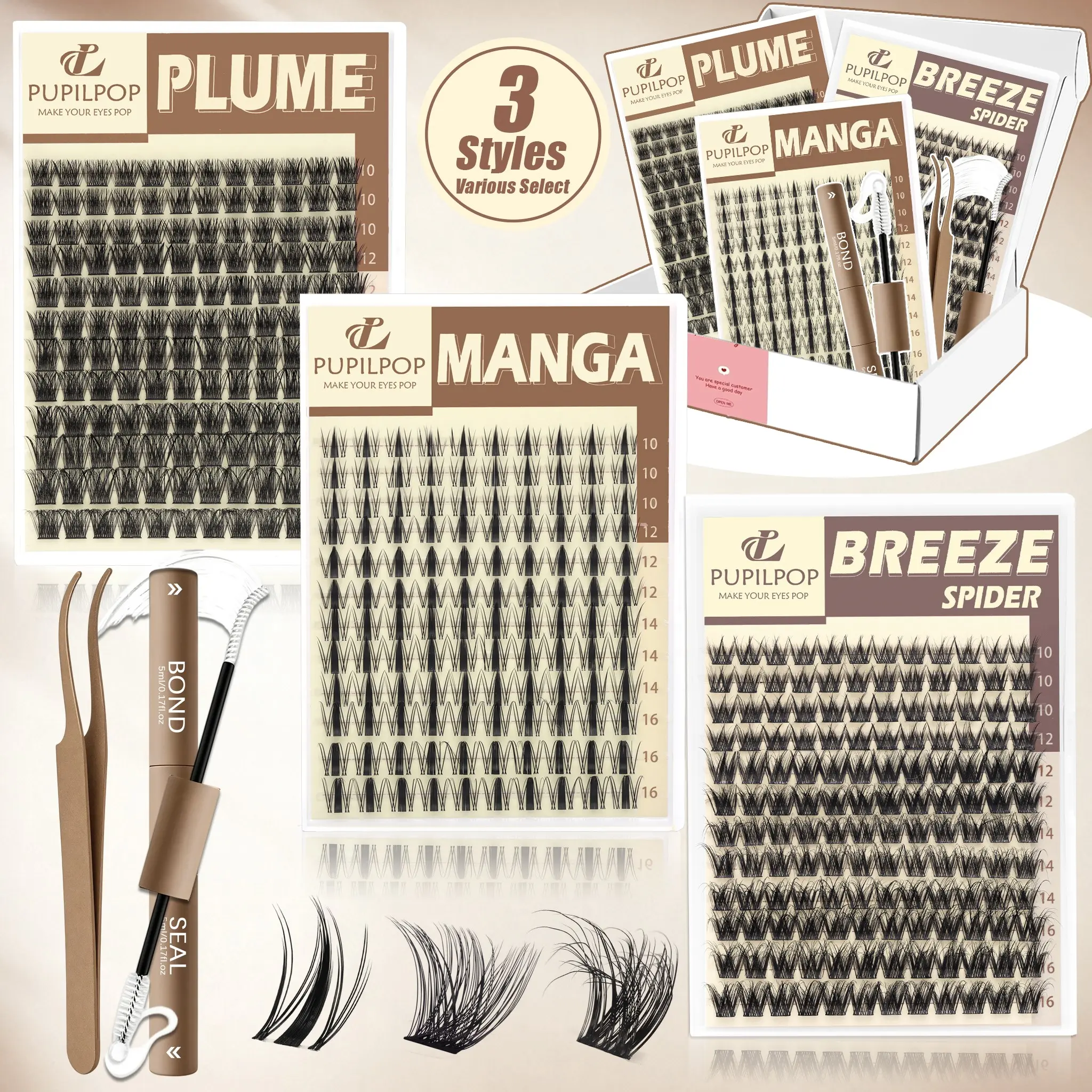 Pupilpop 3 Styles Lash Clusters Kit, 10-16mm D Curly Manga Lash, Wispy Lash & Spider Lash with 0.05mm Ultra-Soft 0.05mm Band, Waterproof Feather-Light Comfort, Includes Tweezers, 2in1 Bond & Seal, and Decorative Box Seals, Beginner-Friendly.