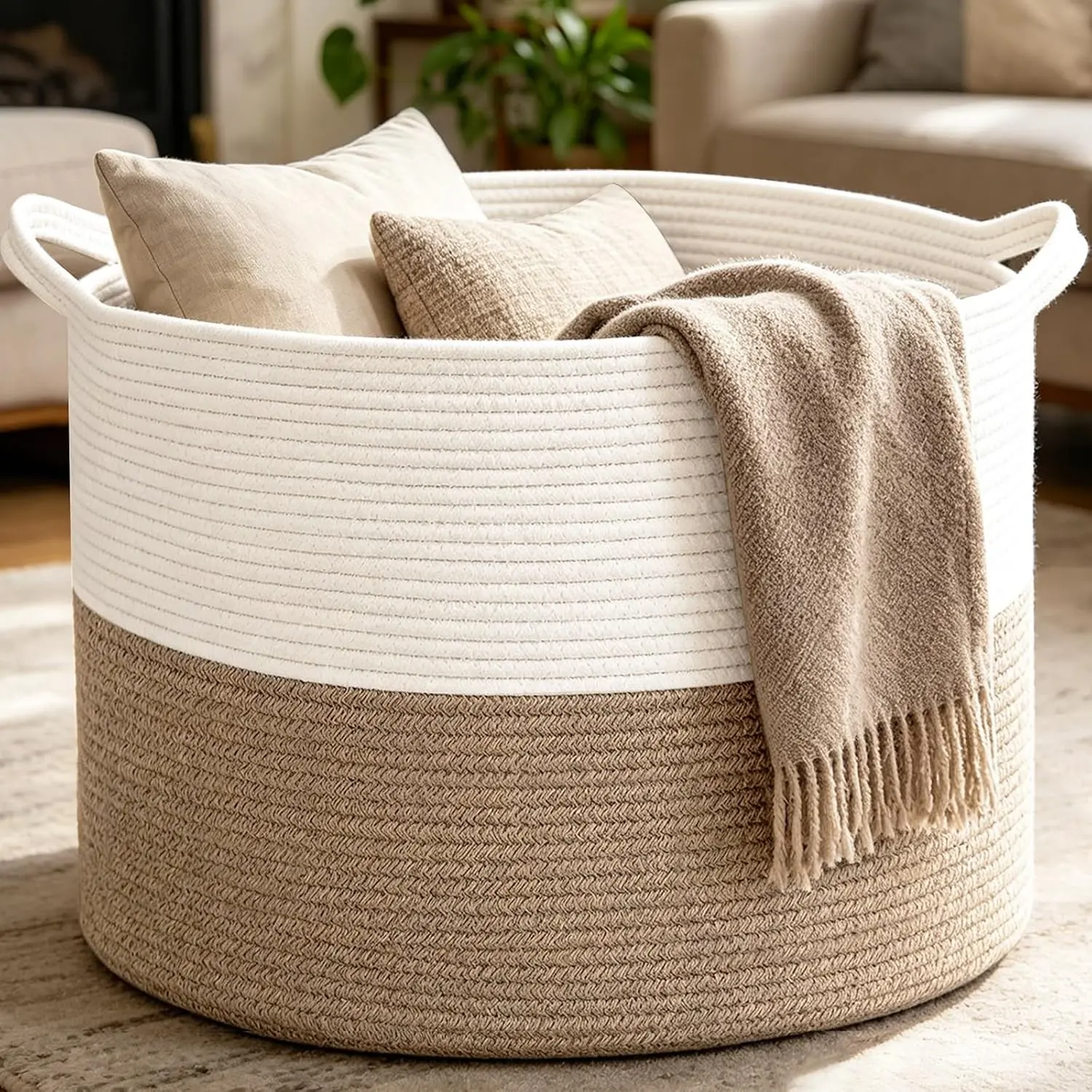 Large Woven Blanket Basket,65L Cotton Rope Laundry Basket Hamper with Handles, Decorative Nursery Basket Storage Bin for Toys, Clothes Organizer, Living Room, Bedroom, Bathroom, White & Brown