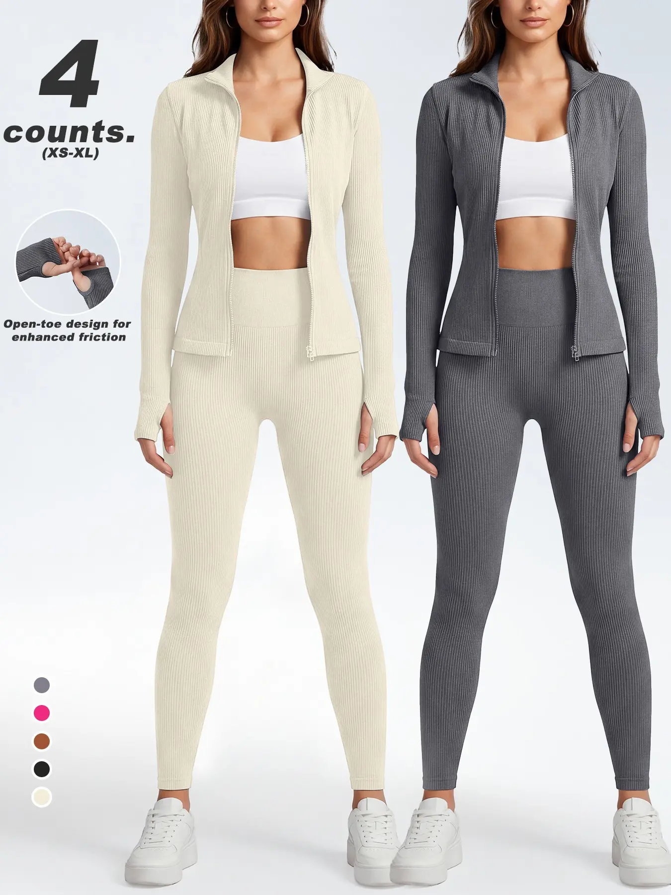 4 Counts Women Ribbed Zip Up Stand Collar Jacket & High Waist Butt Lifting Leggings Workout Separates Suit, Thumb Hole Open Finger Cuff Slim Sculpting Stretch Summer Active Tracksuit Set, Matching Workout Set, 5 Solid Colors XS-XL