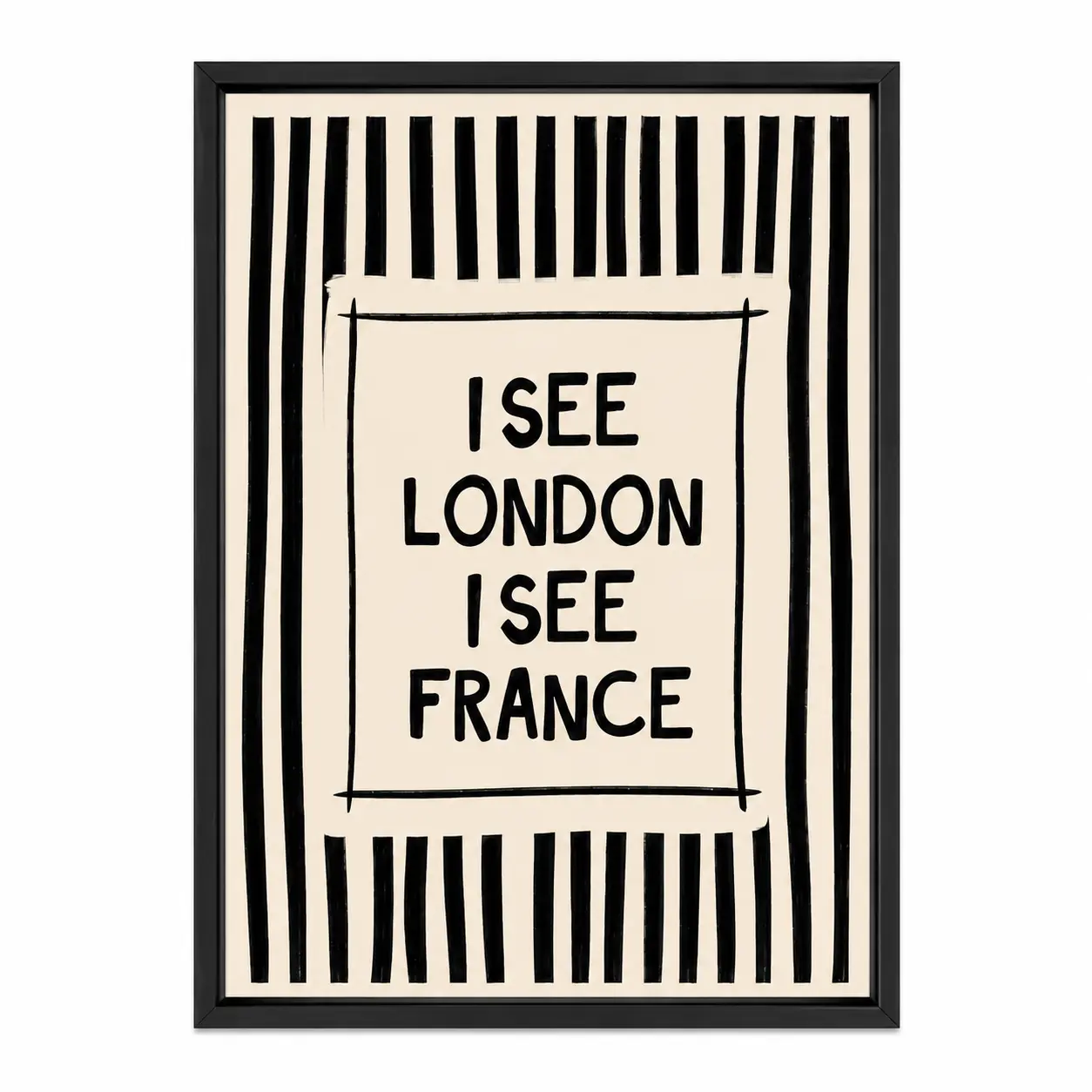 I See London I See France Framed Canvas Wall Art, Funny Bathroom Quote Poster, Retro Black and Cream Striped Decor for Powder Room Restroom