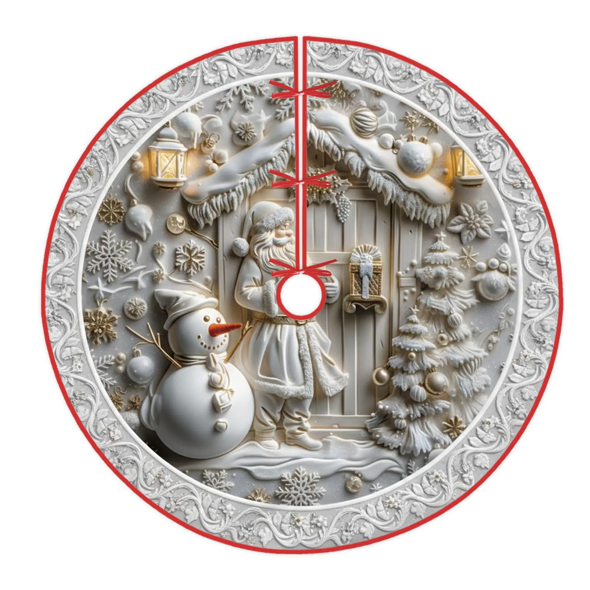 Santa Tree Skirt, Christmas Festive Snowman Christmas Tree Christmas White Velvet Tree Skirt Holiday Decorations for Home Entryway Indoor Outdoor Festival Party Decor