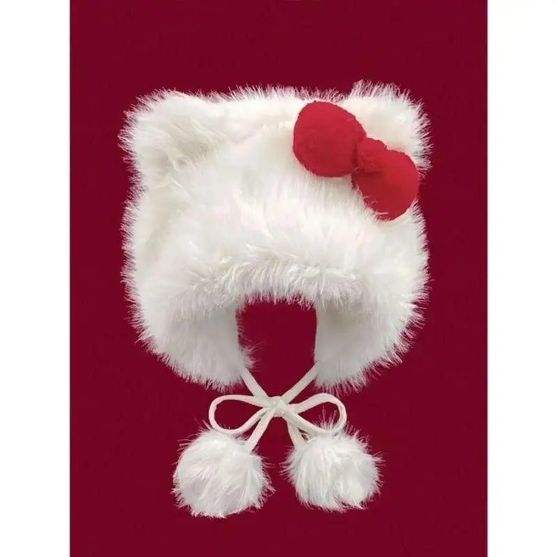 2026 New Women’s Cute Cat Ear Soft Acrylic Plush Beanie - Pom Pom & Bowknot Decor, Loose Stretch Onesize Warm Winter Hat, Outdoor Wear Accessory for Teen Girls