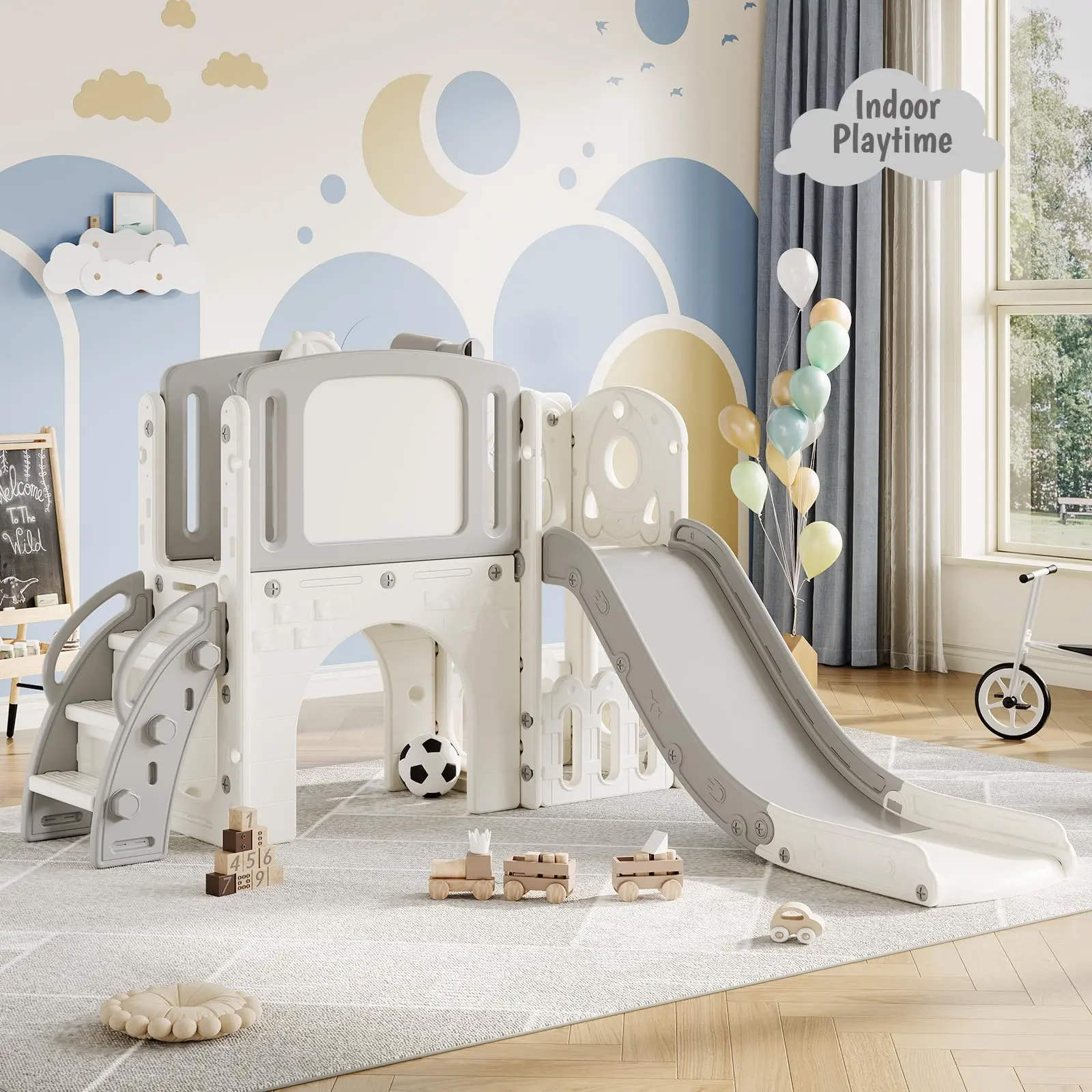 8-in-1 Multi-Functional Toddler Play Tunnel Set – Slide, Swing, Tunnel, Basketball Hoop, Rocking Toy, Telescope & Storage – Collapsible Indoor Outdoor Activity Center for Boys and Girls