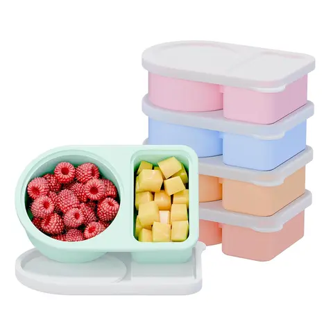 5 Packs Silicone Snack Containers, 2 Compartments Reusable Snackle Box with Leak Proof Container, 8 oz, Leakproof Lunch Container, Rainbow Food Storage, Stackable Lunch Container, Kitchen Food Storage