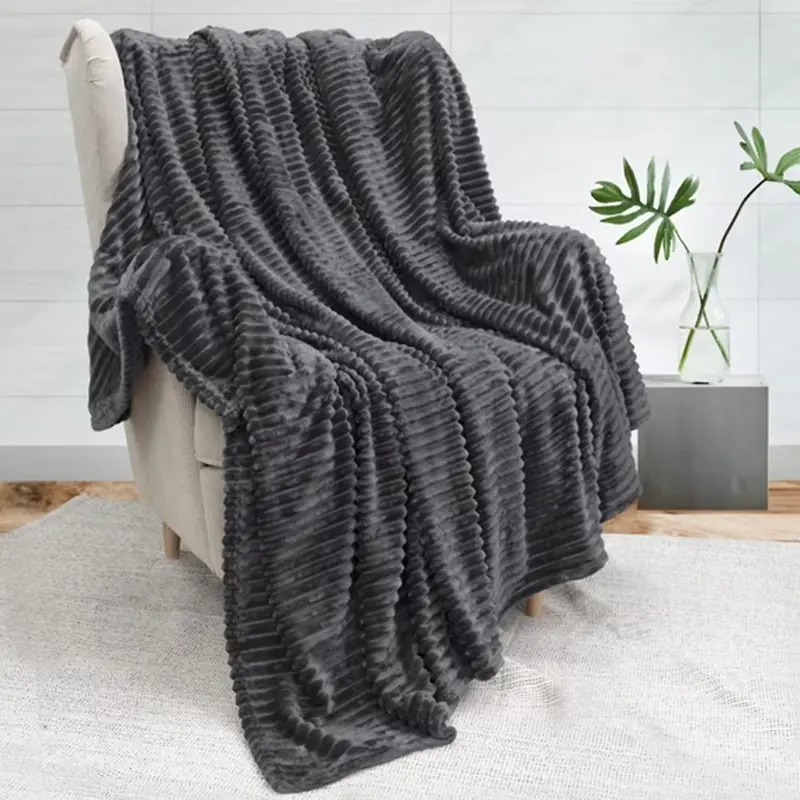Premium Vertical Striped Ribbed Plush Blanket, Casual Soft Blanket, Ultra Soft & Plush Air Conditioning Cover, Skin-Friendly Breathable Sofa Throw, Multi Solid Tone Selection for Simple Warm Home Decoration