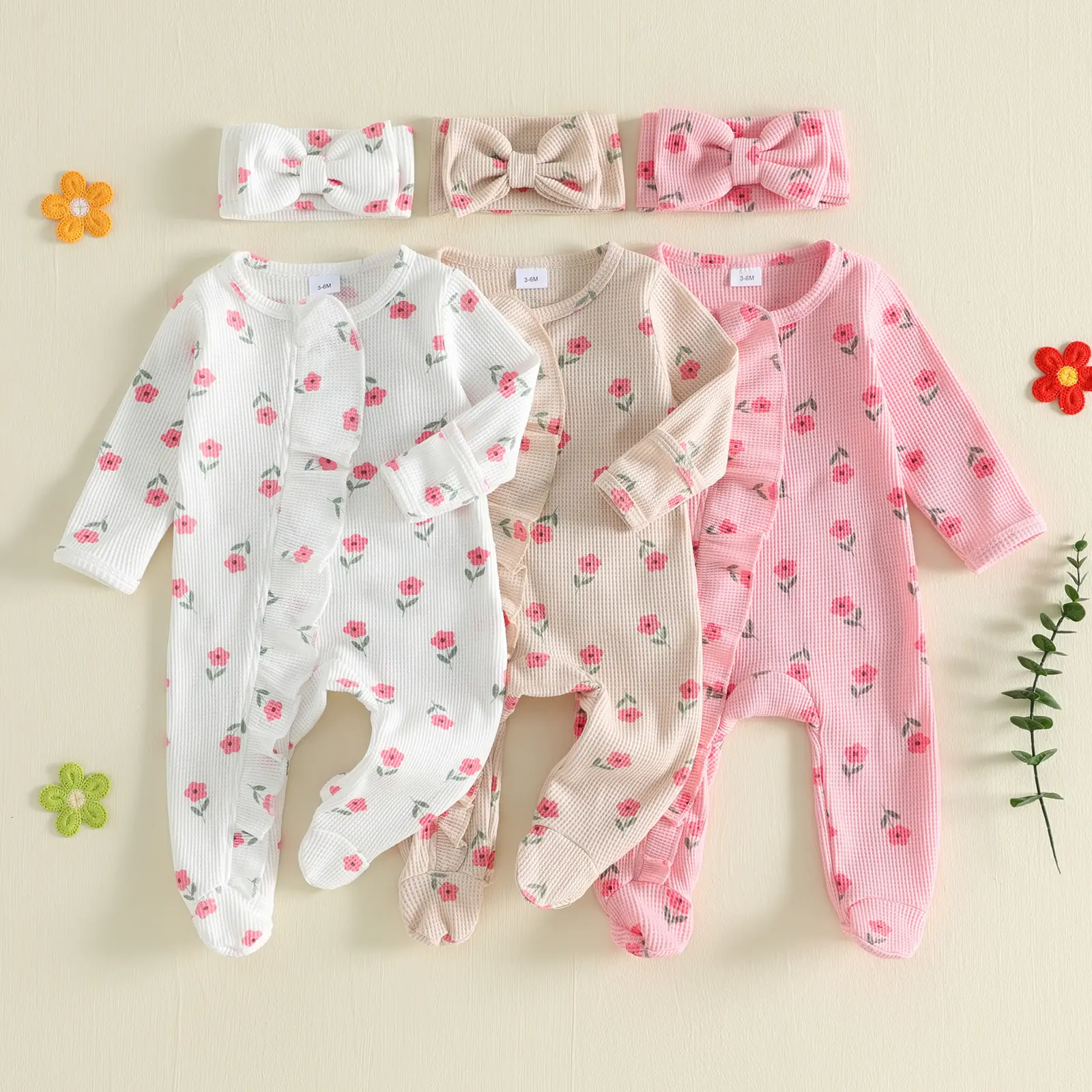 Newborn Baby Girl Footies 2 Pcs Set Waffle Zip Front Long Sleeve Romper Headband Set Preemie Fall Winter 0-6 Months
