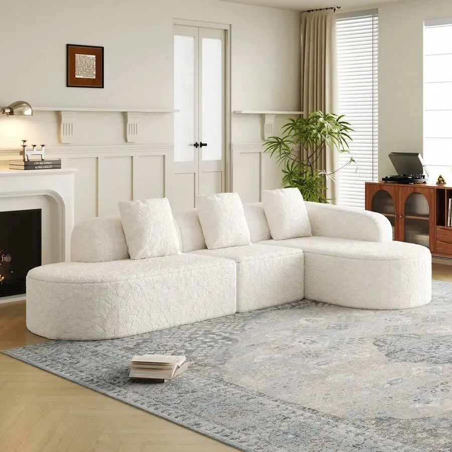 111.8-Inch L-Shaped Curved Modular Sofa With Right Facing Chaise, Modern Design Featuring Lychee-Textured Long-Pile Polyester, Curved Backrest With Three Pillows