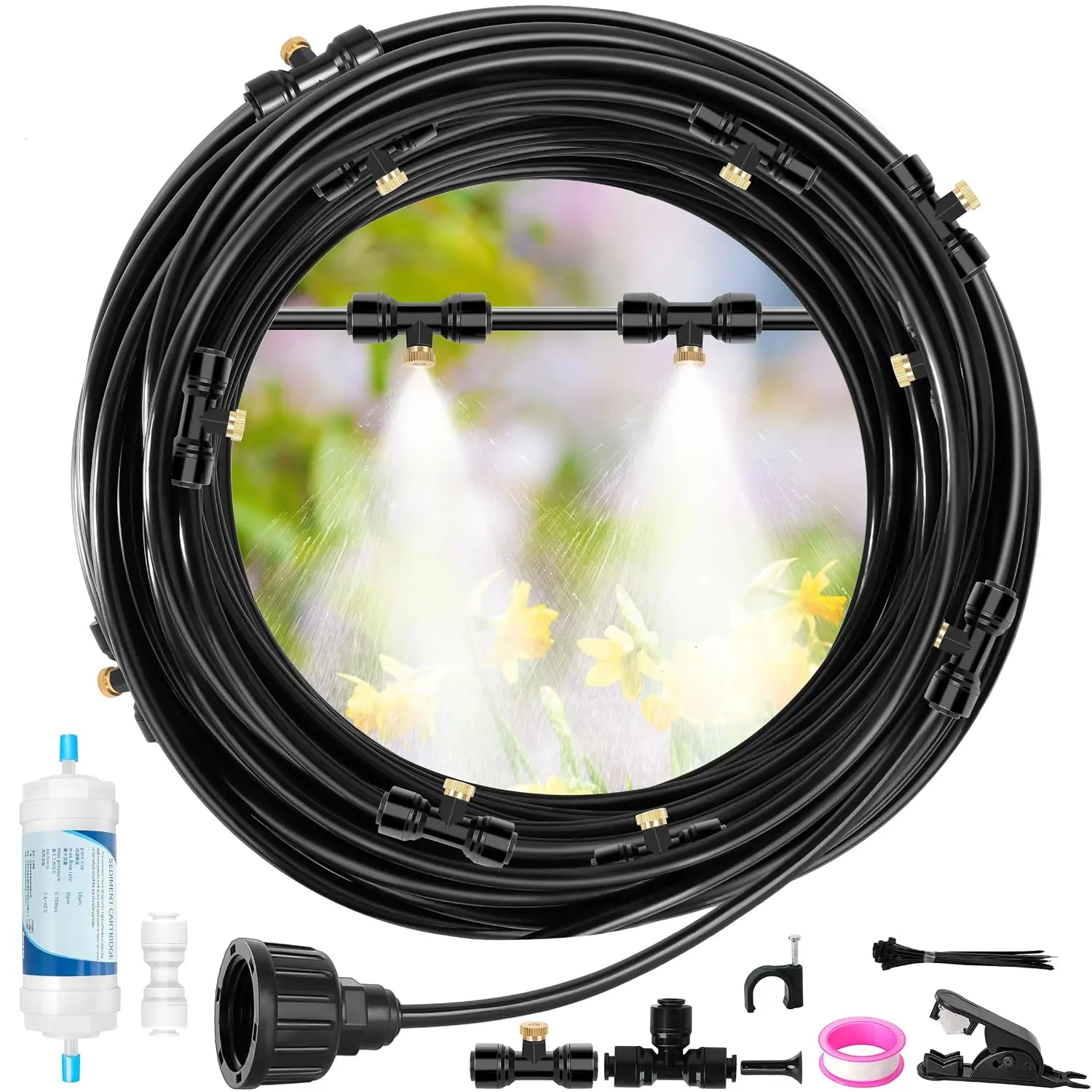 50FT Misters for Outside Patio Outdoor Misting System with Water Filter Automatic Cooling Patio Greenhouse Fan BBQ Pool Mist Kit for Irrigation Garden Durable -Weather 1/4" Tubing