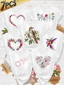 7Pcs Women Crew Tee,Bird Wildflower & Floral Heart Dandelion Print,multi-color,washable,soft summer top