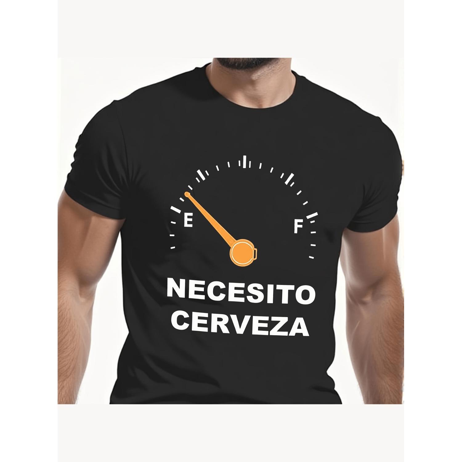 Men's Funny Spanish Beer T-Shirt - "NECESITO CERVEZA" (I Need Beer) Fuel Gauge & Spanish Slogan Print, Cotton Casual Short Sleeve Shirt