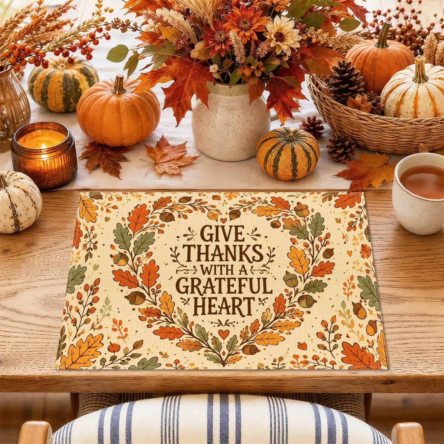 4/6pcs Give Thanks Maple Leaf & Acorn Placemats, Rustic Harvest Style for Dining Table, Kitchen, Thanksgiving Dinner & Farmhouse Decor, Thanksgiving Gifts, Table Decoration