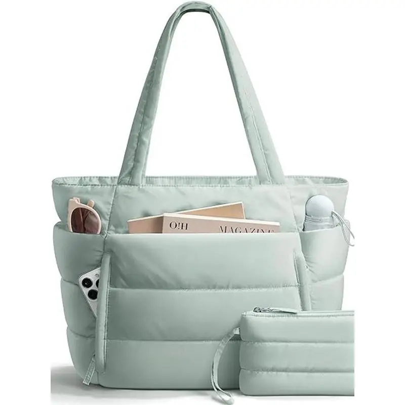 Solid Color Women Quilted Puffer Tote Bag, Casual Fashion Shoulder Bag, Versatile Daily Commuting Bag Suitable For Beach, Work And Travel bow decor