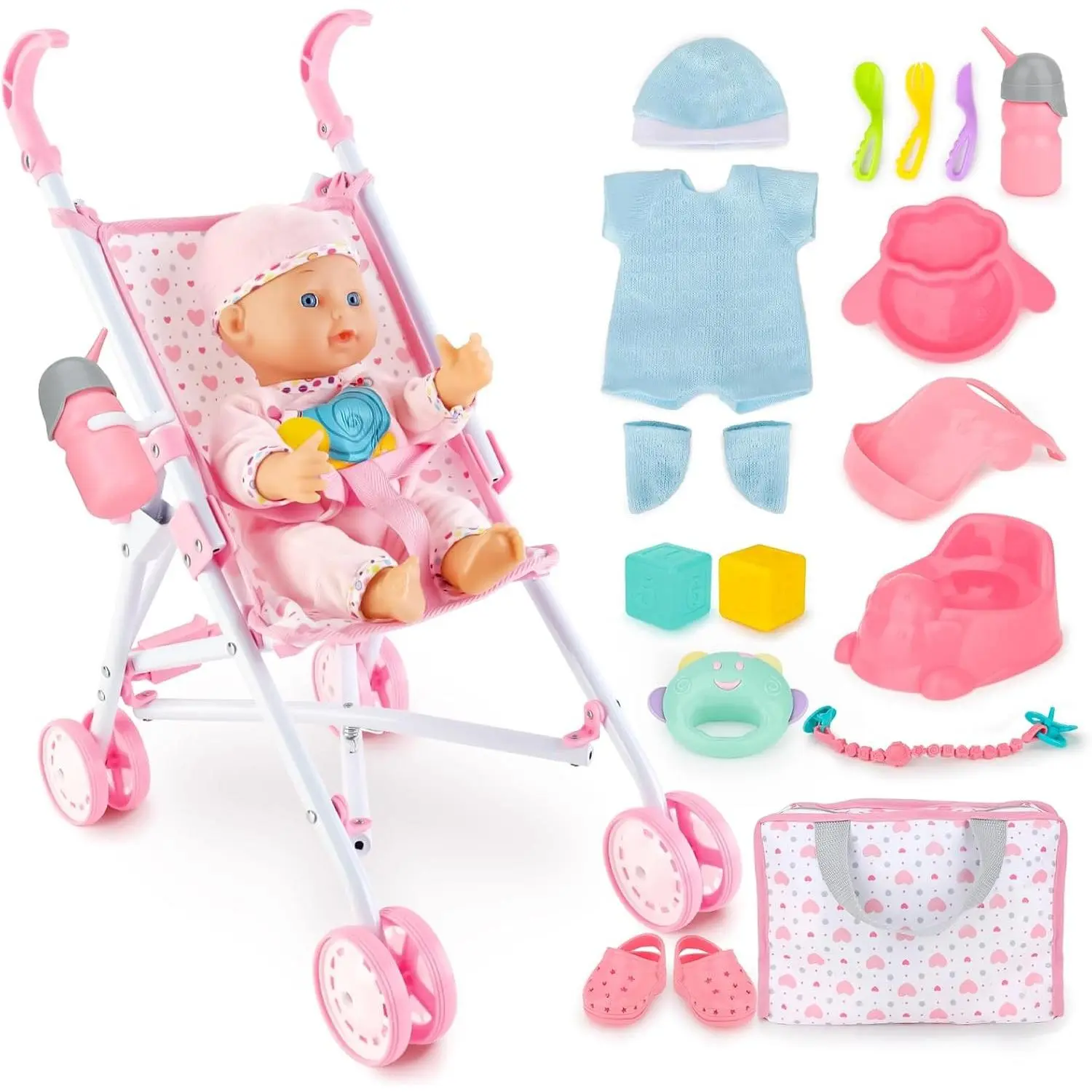 Baby Doll Stroller Set with 13 inch Doll, Kids Play Stroller Toys, 13" Baby Doll Set with Foldable Doll Stroller, 18 PCS Baby Doll Accessories with 2 Sets of Doll Clothes