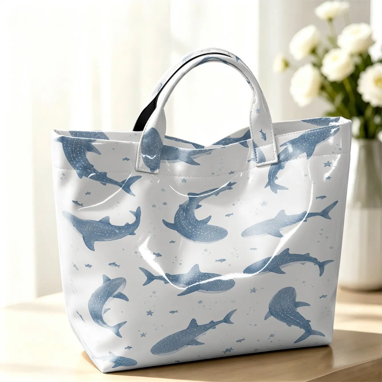 1pc Large Capacity Women Tote Bag, Light Blue Whale Shark Tiny Star Print Glossy Waterproof PVC Handbag, Minimalist Ocean Casual Shoulder Bag for Shopping School Office Beach Travel Daily Use