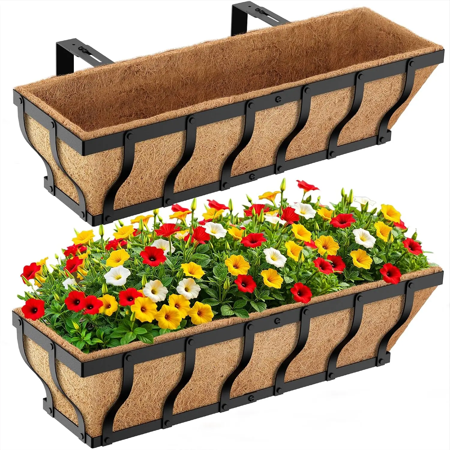 Railing Planter Boxes, Heavy Duty Window Box Planters, Adjustable Balcony Planters for Railing , with Coco Liner for Deck, Porch, and Patio Gardening (2 Pack, 24 Inch)