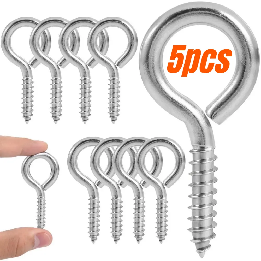 5-Pack of Heavy-Duty Eyelet Screws and Hooks—Suitable for Indoor and Outdoor Use. Closed-End Eyelet Screws, DIY Eyelet Nails, and Self-Tapping Hooks.