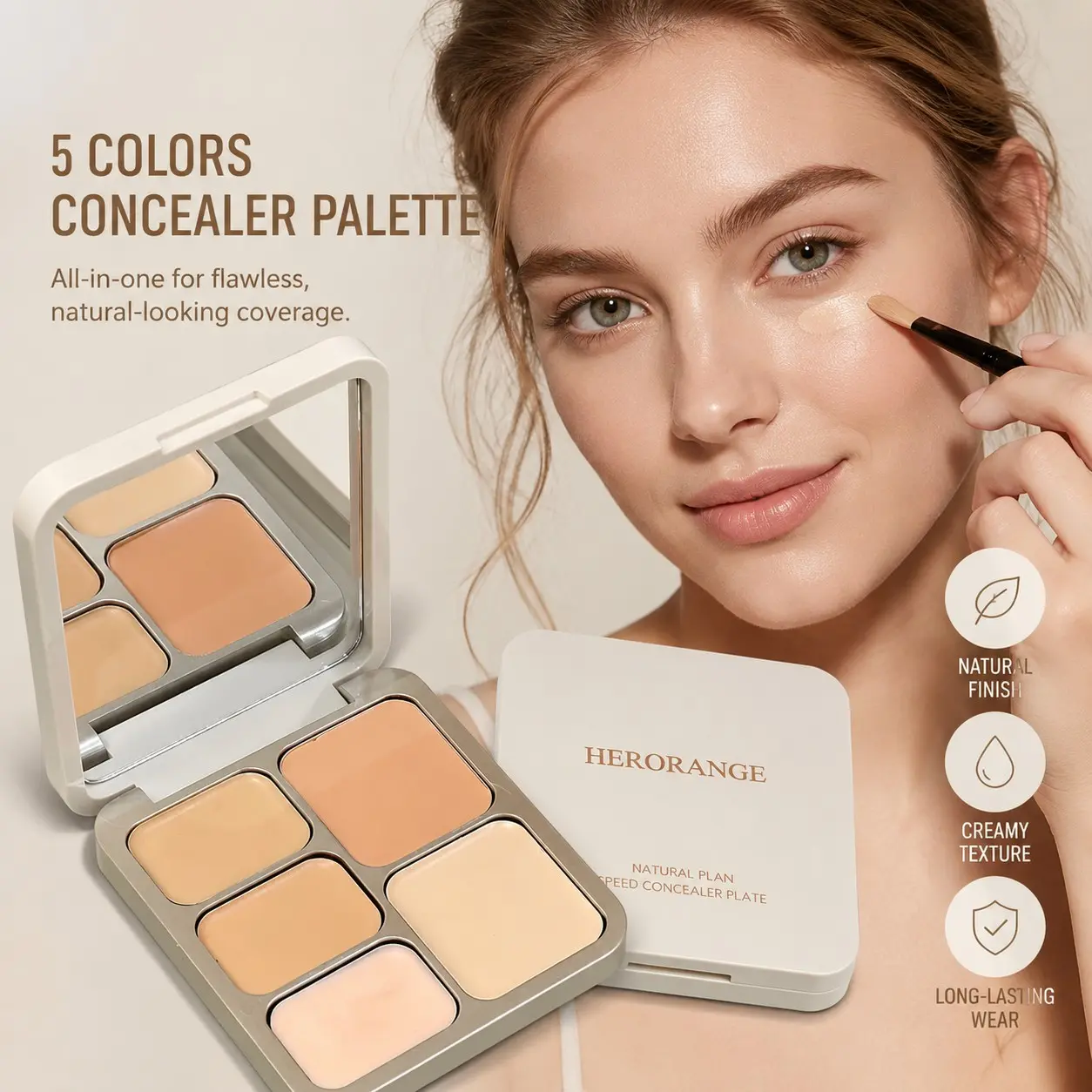 HERORANGE 5-color concealer palette, covers acne marks, dark circles, and spots, smooth and moisturizing without creasing, effectively brightens the facial complexion, beginner-friendly, Creaseless Creamy Brightening Concealer