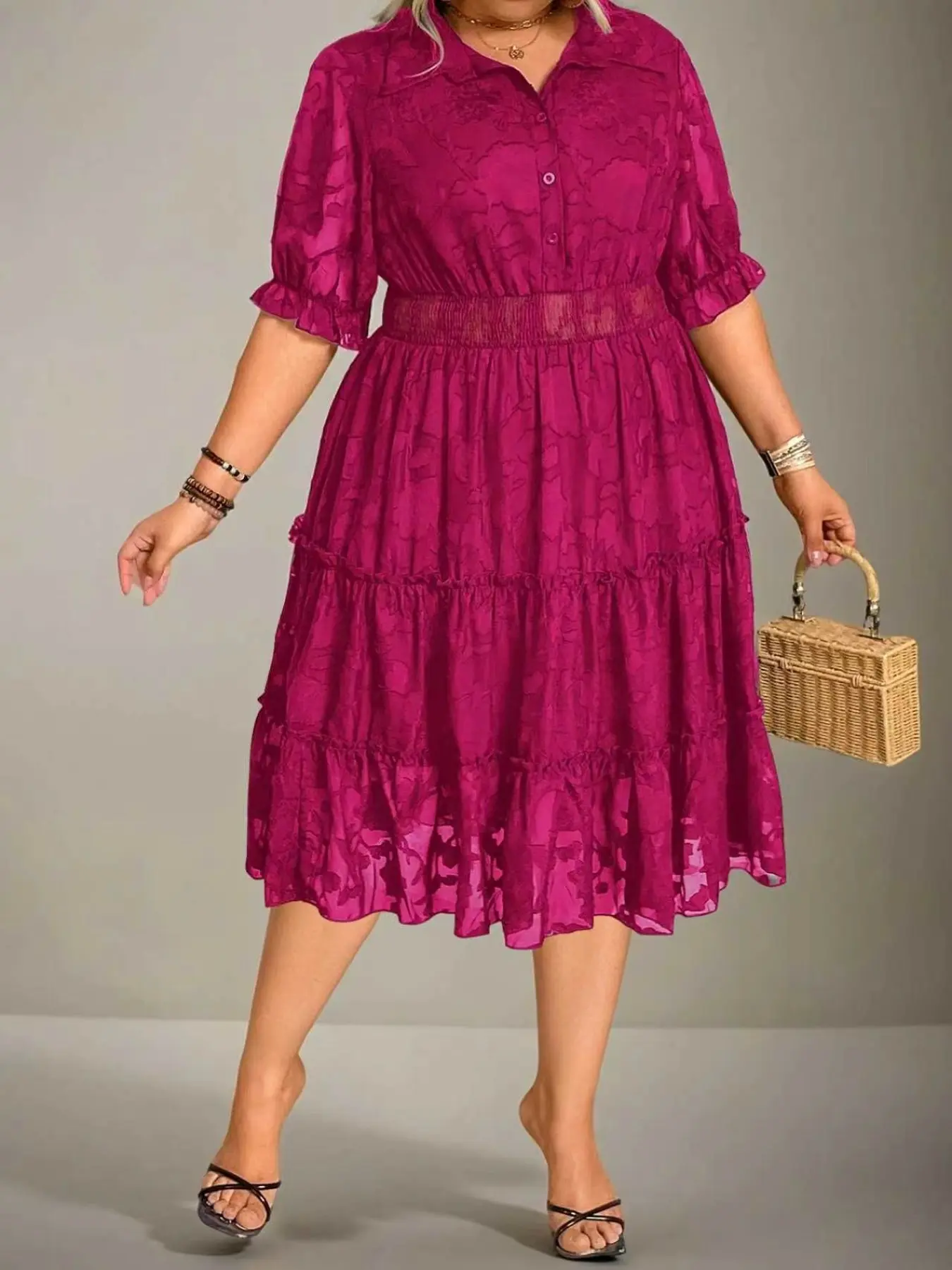 Women's Plus Size Elegant Collared Chiffon Lightweight Shirred Ruched Midi Dress, Casual Loose-Fit Short Sleeve All-Season Woven Dress