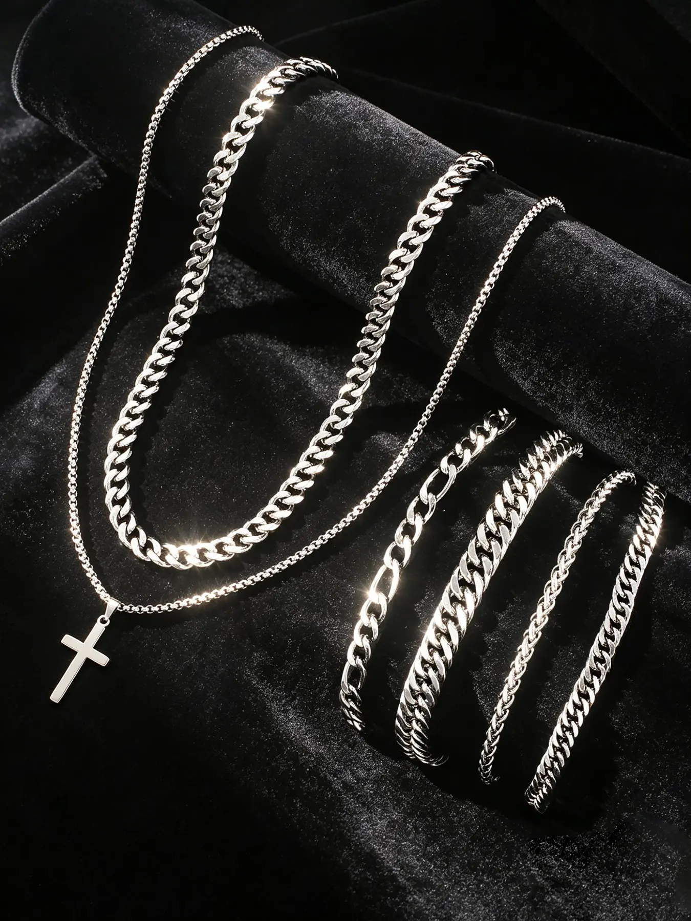 Stainless Steel Men's Jewelry Set, Casual Hip Hop Cross Necklace, Cuban Chain, Braided Bracelet, Party Gift, Birthday, Valentine's Day, Christmas, Accessories Set