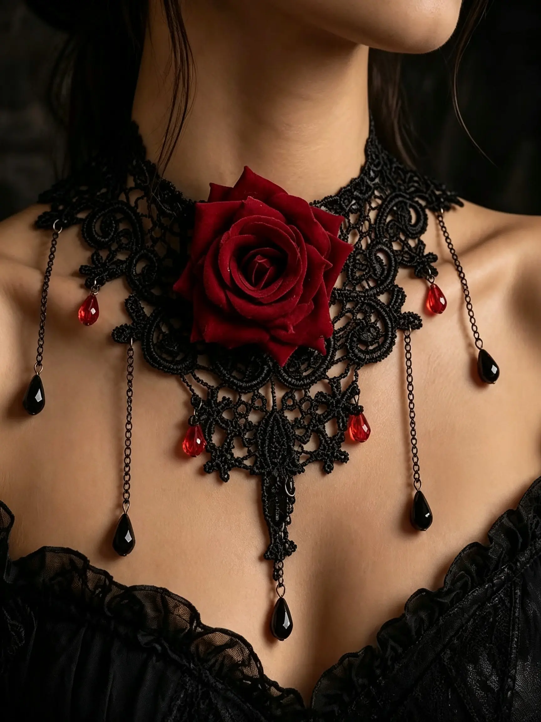 Women's Gothic Elegant Vintage Artificial Fringe Rose Lace Choker Necklace, Perfect for Parties, Dance Events, and Gatherings