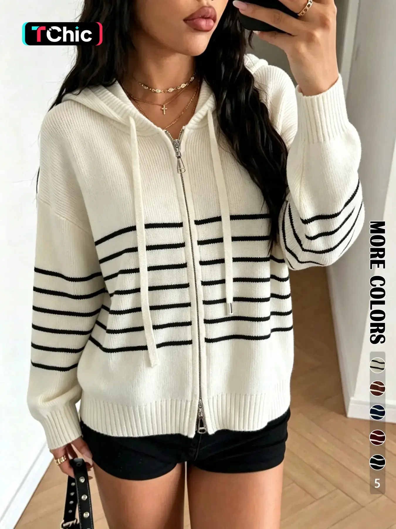 Autumn Winter Color-Block Striped Preppy Style Hooded Casual Loose Sweater Cardigan, Reversible Zipper Design, Women's Fashion Outerwear