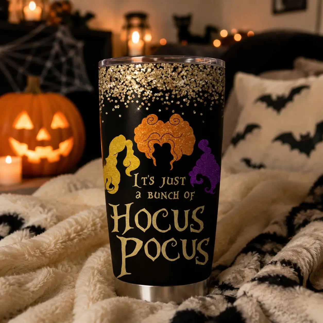 AuraCup 20oz insulated tumbler, Insulated Drink Tumbler, Stainless steel tumbler, with lid and straw, glitter Hocus Pocus witches silhouette design It's Just a Bunch of Hocus Pocus, double wall hot cold travel mug, Halloween gifts for witch lovers