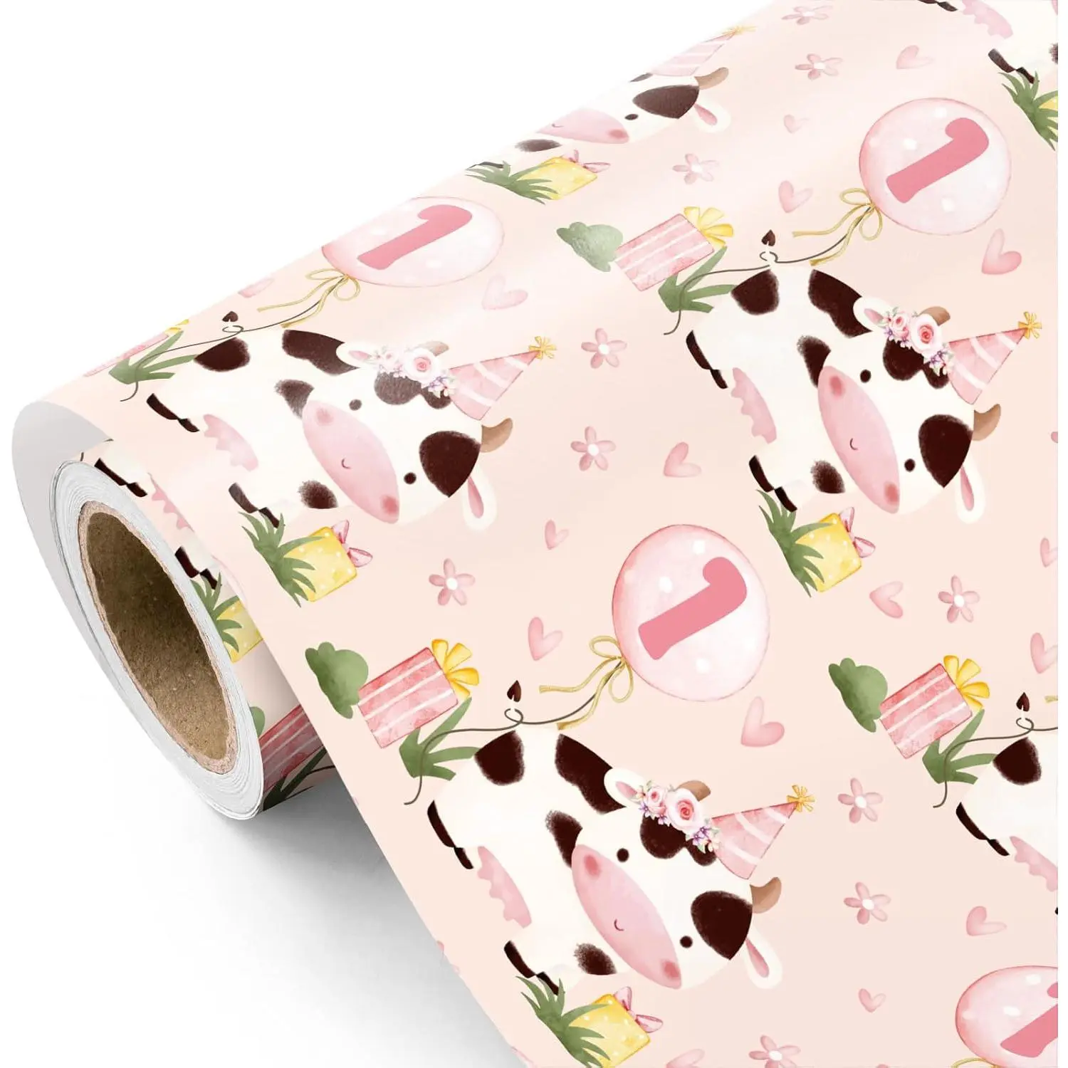 WRAPAHOLIC Girl 1st Birthday Wrapping Paper - Mini Roll - 17 Inch x 16.5 Feet - 1st Birthday Balloon and Cute Cow Wrapping Paper Perfect for Kids Girls, Baby Shower
