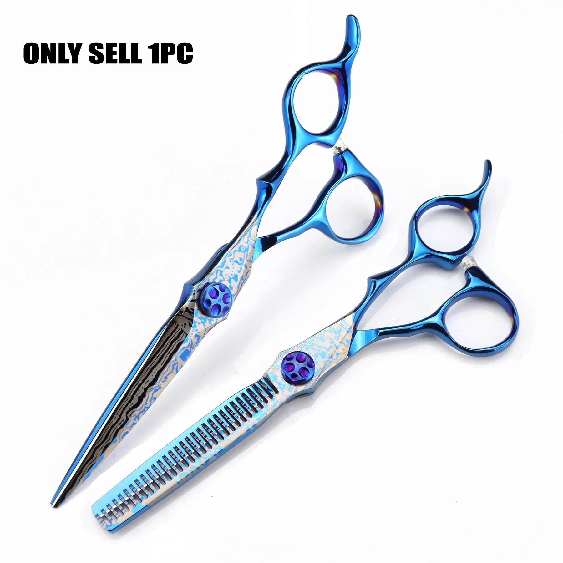 1PC Professional Blue Damascus Hair Cutting Scissors Gem Screw Haircut Thinning Barber Tools, Barber Equipment, Stainless Steel Shears Sharp Thinning Scissors for Barber