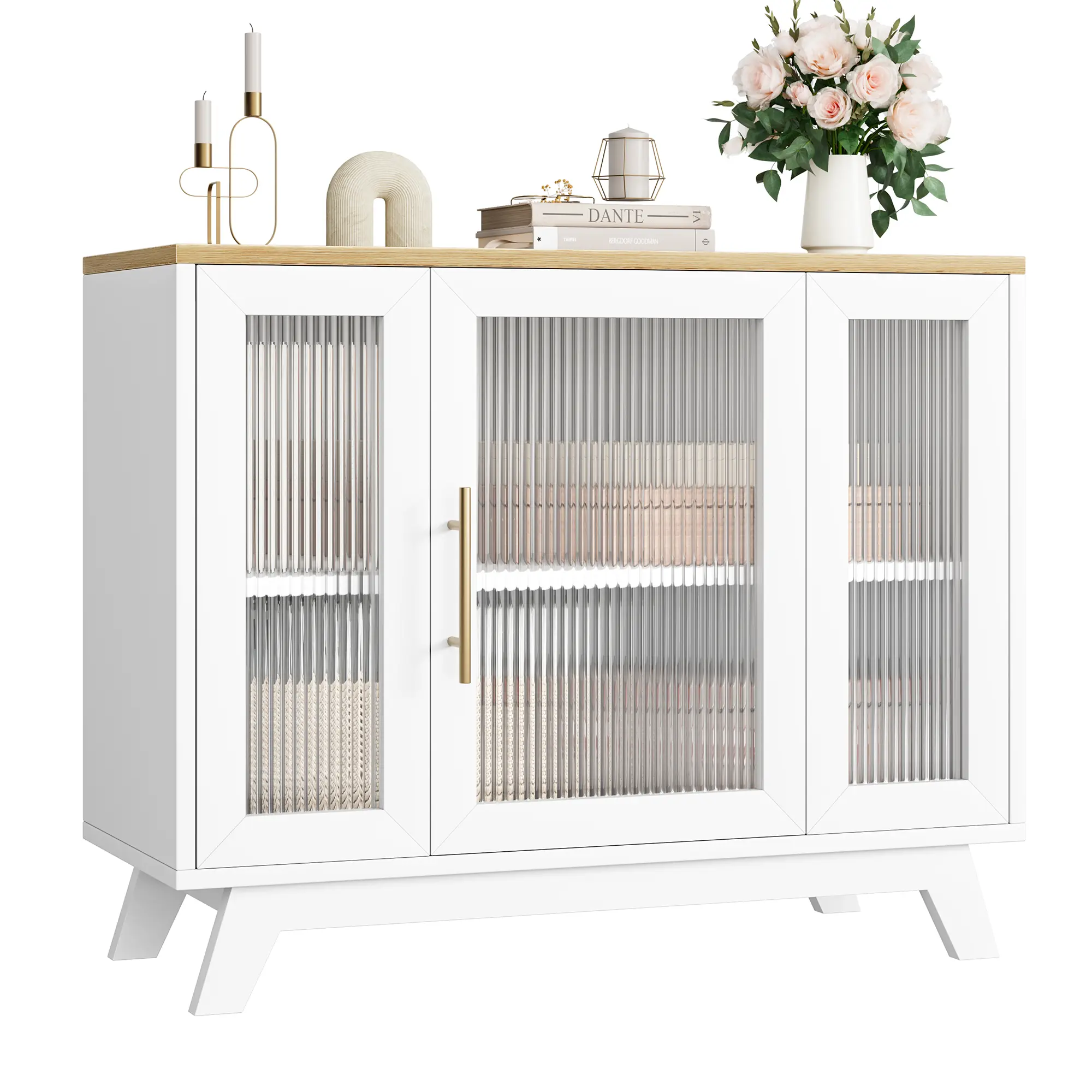 Modern Fluted Glass Sideboard Cabinet – 36" Buffet Storage with Adjustable Shelves & 3 Drawers – Coffee Bar Entryway Organizer – For Kitchen, Dining Room – White and Natural Wood