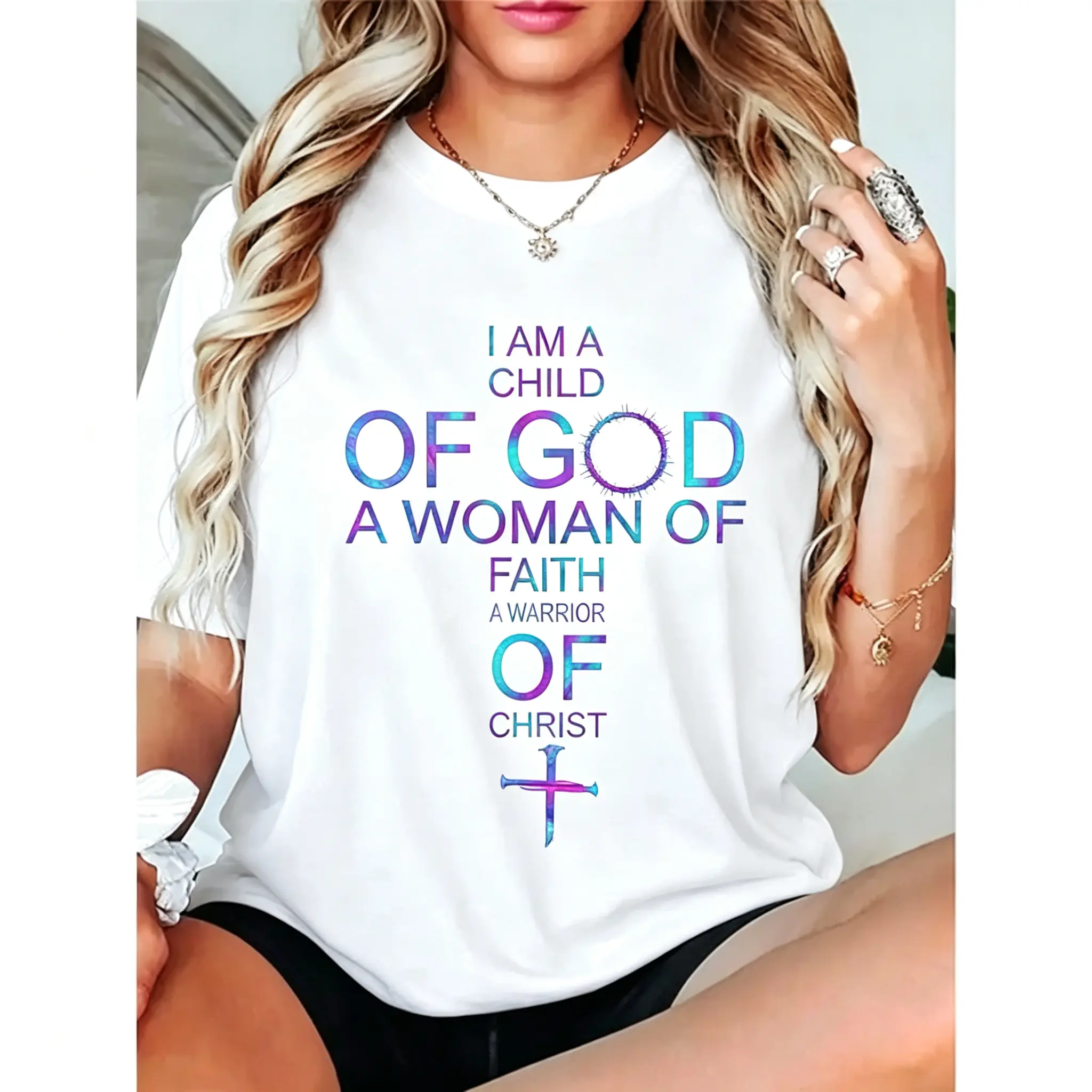 Woman Of Faith Warrior Of Christ T Shirt Womens 100 Cotton Christian Tee Short Sleeve Crew Neck Casual Geometric Print