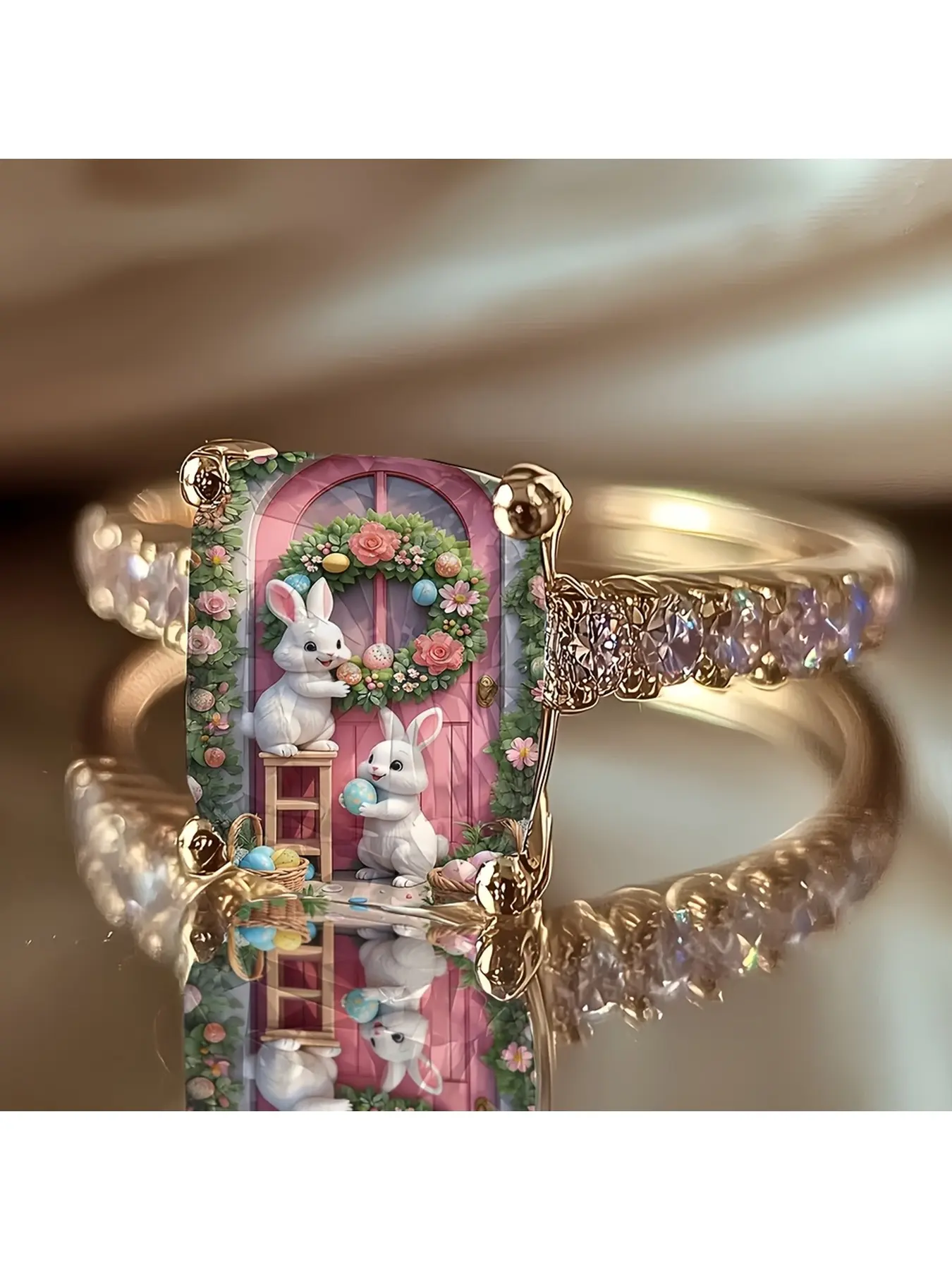 Gold diamond-encrusted square-cut glass ring. Easter double rabbit colored egg garden print finger ring. Conveys good wishes. Spring fairy tale style festival commemorative decorative accessory.