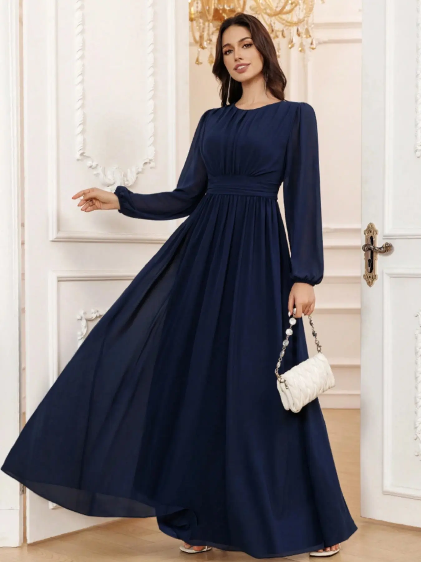 Elegant French Style Dress, Chic Long Sleeve, Flowy A-Line Design, Waist-Cropped Fit, Perfect for Dates and Evening Events, Women's Formal Evening Glam Gown