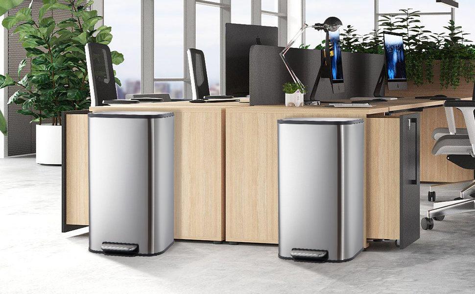 【GARVEE】Versatile GARVEE Stainless Steel Trash Cans: Stylish 3.2, 5.3, 8, and 50 Liter Options with Soft Close Lids and Inner Buckets for Functional Kitchen, Office, and Home Waste Solutions.