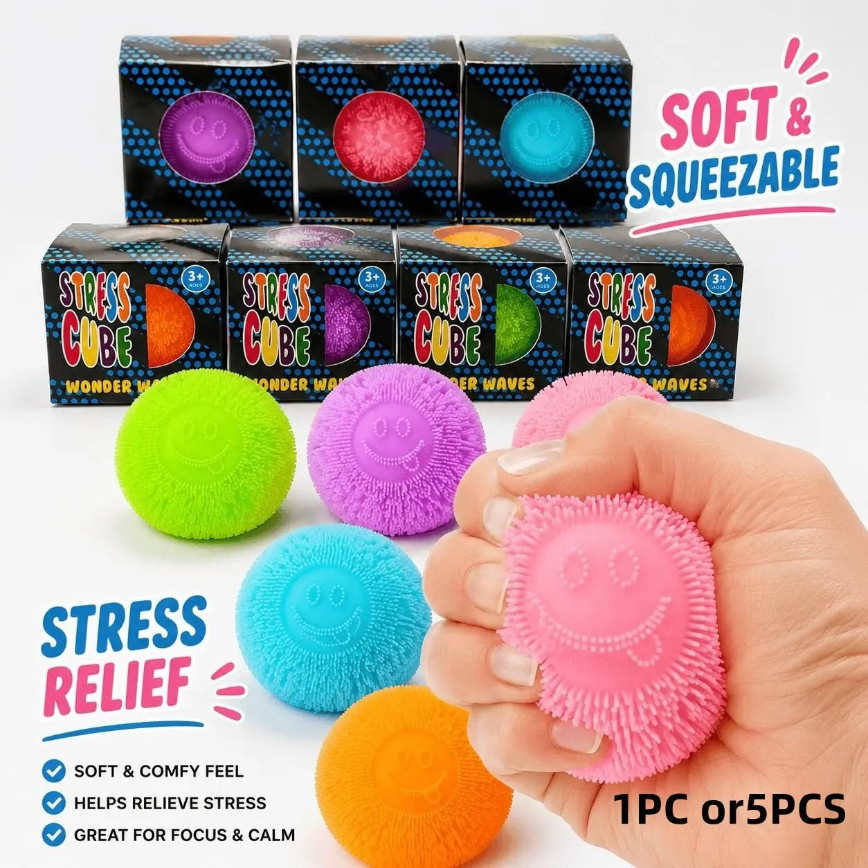 Spiky Happy Face Squishy Ball, Soft TPR Flour-Filled Squeeze Fidget Toy, Stress Relief Fidgets, Textured Sensory Desk Toy, Stress Reliever, 5 Colors, 1 or 5 Pack