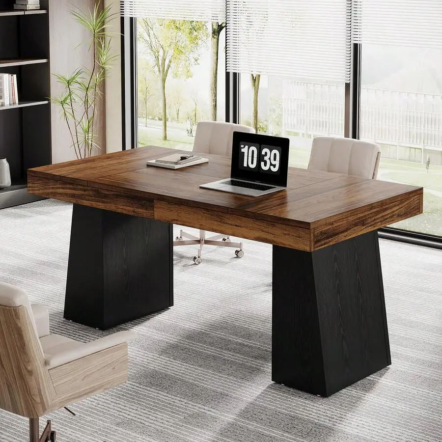55 Inche Executive Desk, Mid-Modern Home Office Desk, Wood Computer Table Business Workstation Small Conference Table, Black & Brown