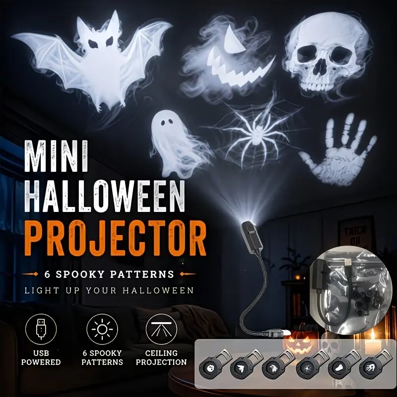 USB Mini Halloween Projector Light, Night Projector, 3/6 Replaceable Patterns, Holiday Decor Bedroom Atmosphere, Designed for Halloween, Festival Decoration