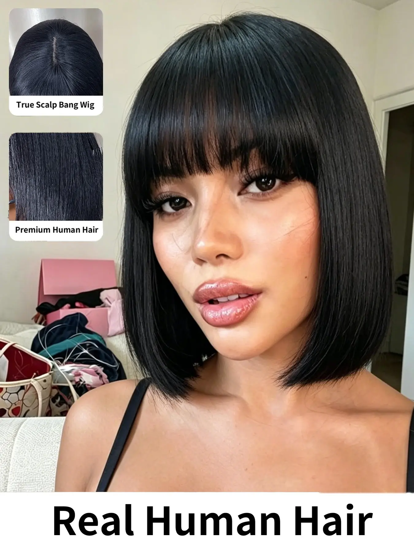 Human Hair Bob Wig with Bangs for Women, 10 Inch Short Straight Bob Hairstyle, Full Machine Made Wig, Natural Soft Human Hair Texture, Adjustable Comfortable Cap, Ready-to-Wear Daily Hair Style
