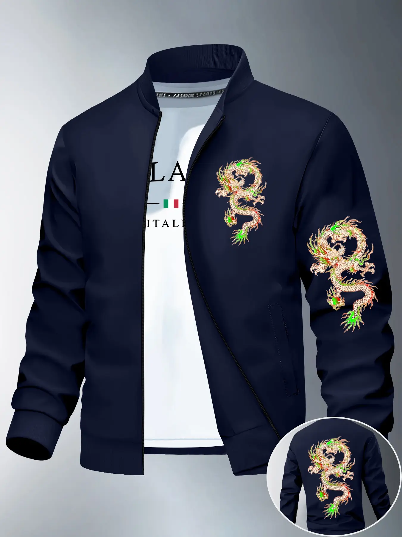 Stand Collar Zipper Baseball Jacket, Dragon Pattern Long Sleeve Outerwear, Geometric Design, Loose Fit, All Seasons Fashion