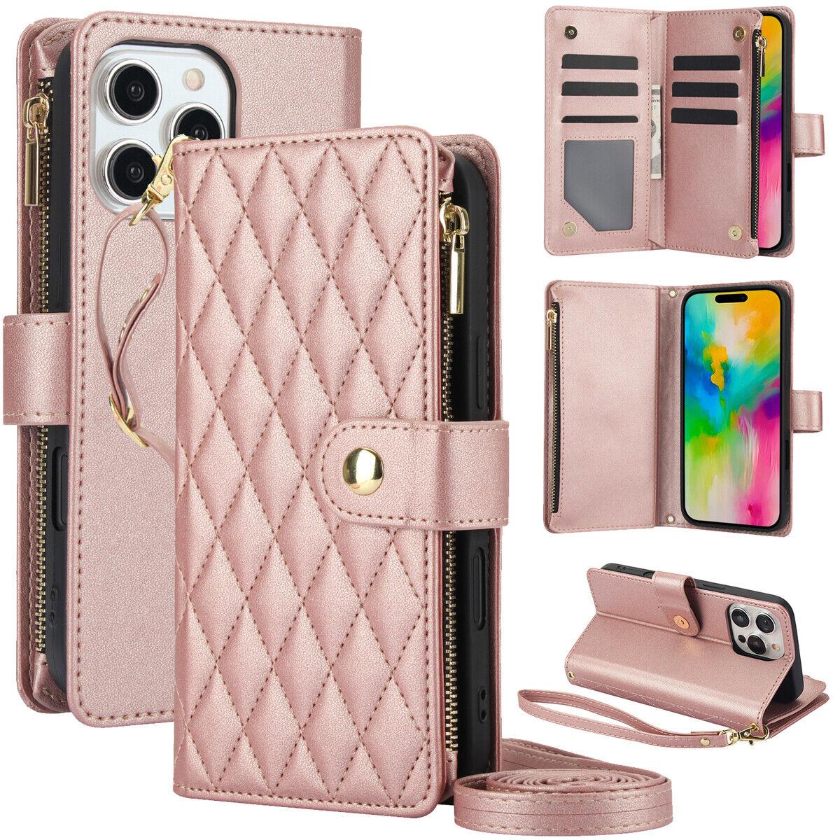 HISTORYOO For iPhone 17 Pro Max 16 15 Plus 14 13 12 Pro Wallet Case Crossbody PU Leather Cash Slot Zipper Purse with Credit Card Slot Holder Carrying Handbag Stand Phone CaseAdjustable Lanyard Detachable Strap Wrist for Women Ladies