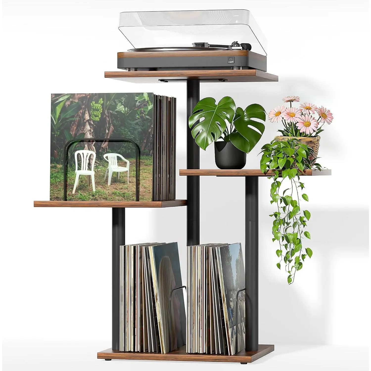 Botanical Record Player Stand,Vinyl Record Storage Holder with  Stand,  Turntable Stand Table with Record Album Display Shelf, Record Console Cabinet,Mid Century Modern
