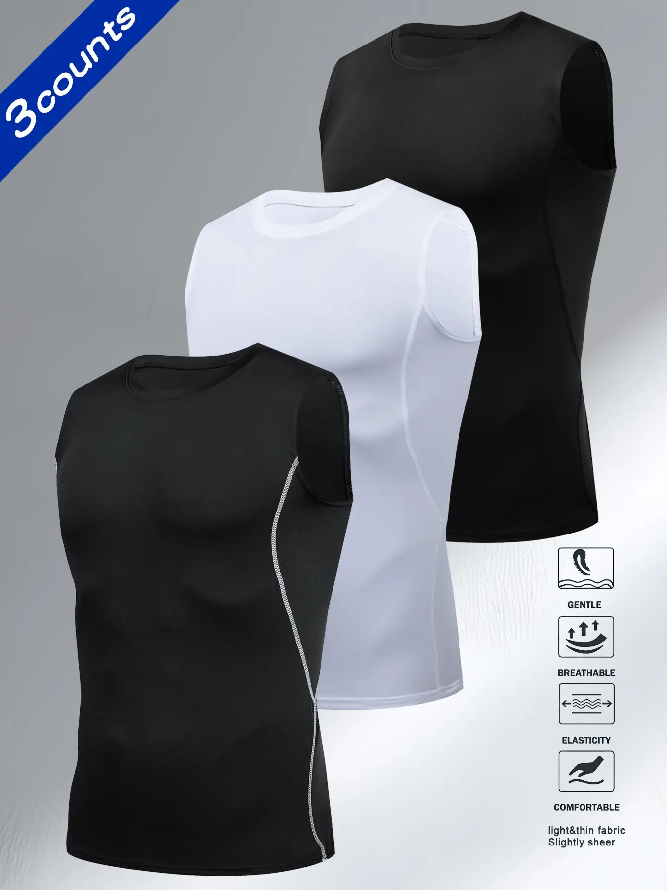 Men's Sports Compression Tank Top, 3-Pack Sleeveless Basketball Shirt, Moisture Wicking Elastic Breathable Undershirt, Fitness Workout Sports Vests, Athletic Tank Tops, Athletic Wear