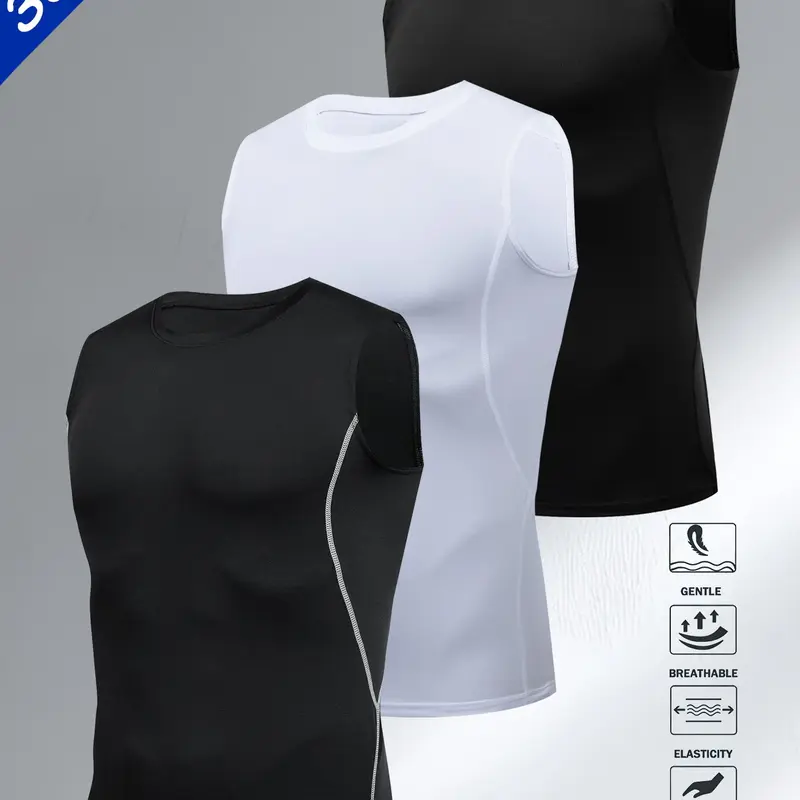 Men's Sports Compression Tank Top, 3-Pack Sleeveless Basketball Shirt, Moisture Wicking Elastic Breathable Undershirt, Fitness Workout Sports Vests, Athletic Tank Tops, Workout Clothing